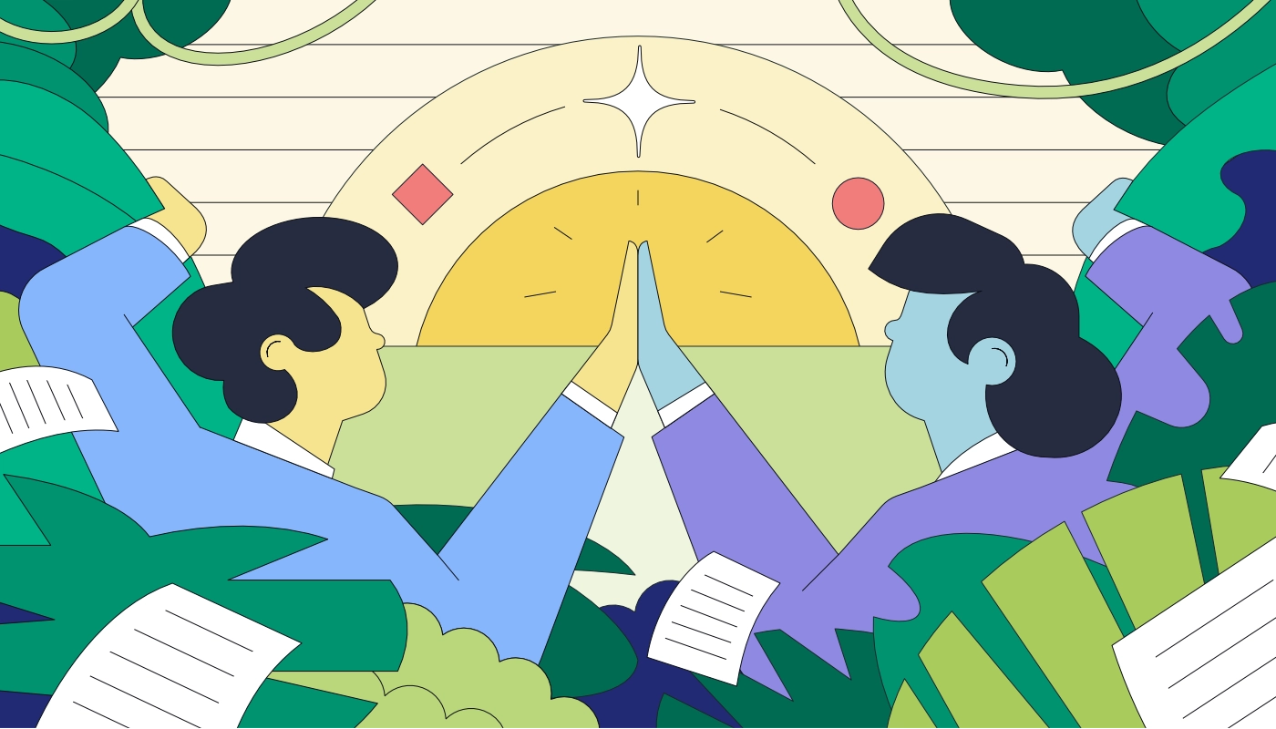 Editorial illustration for Grammarly blog article about writing productivity in the workplace